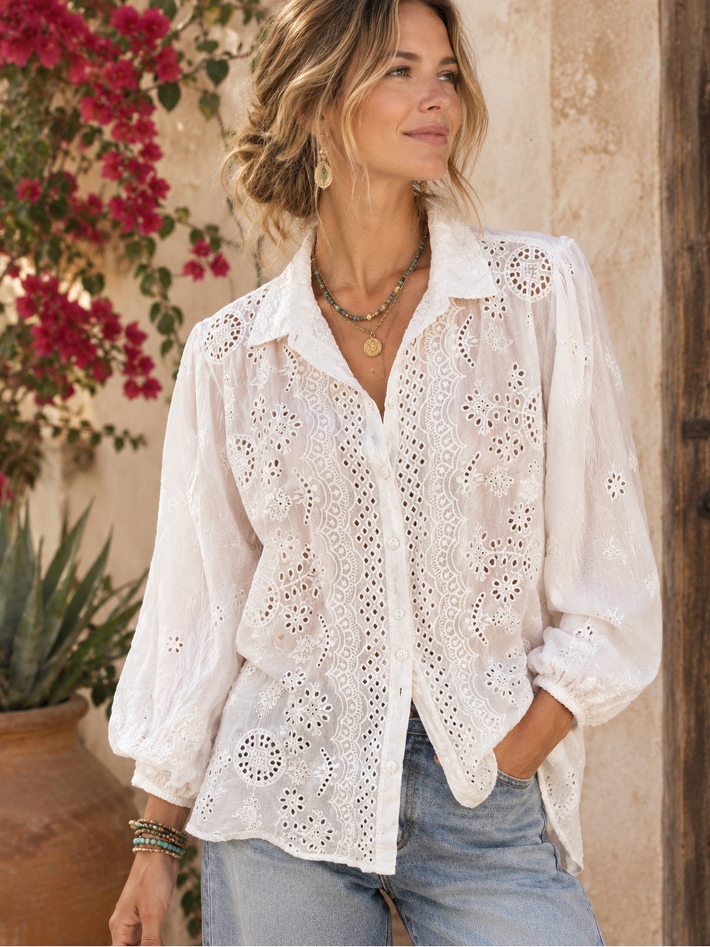 Johnny Was White Eyelet Button-Front Women's Blouse XL